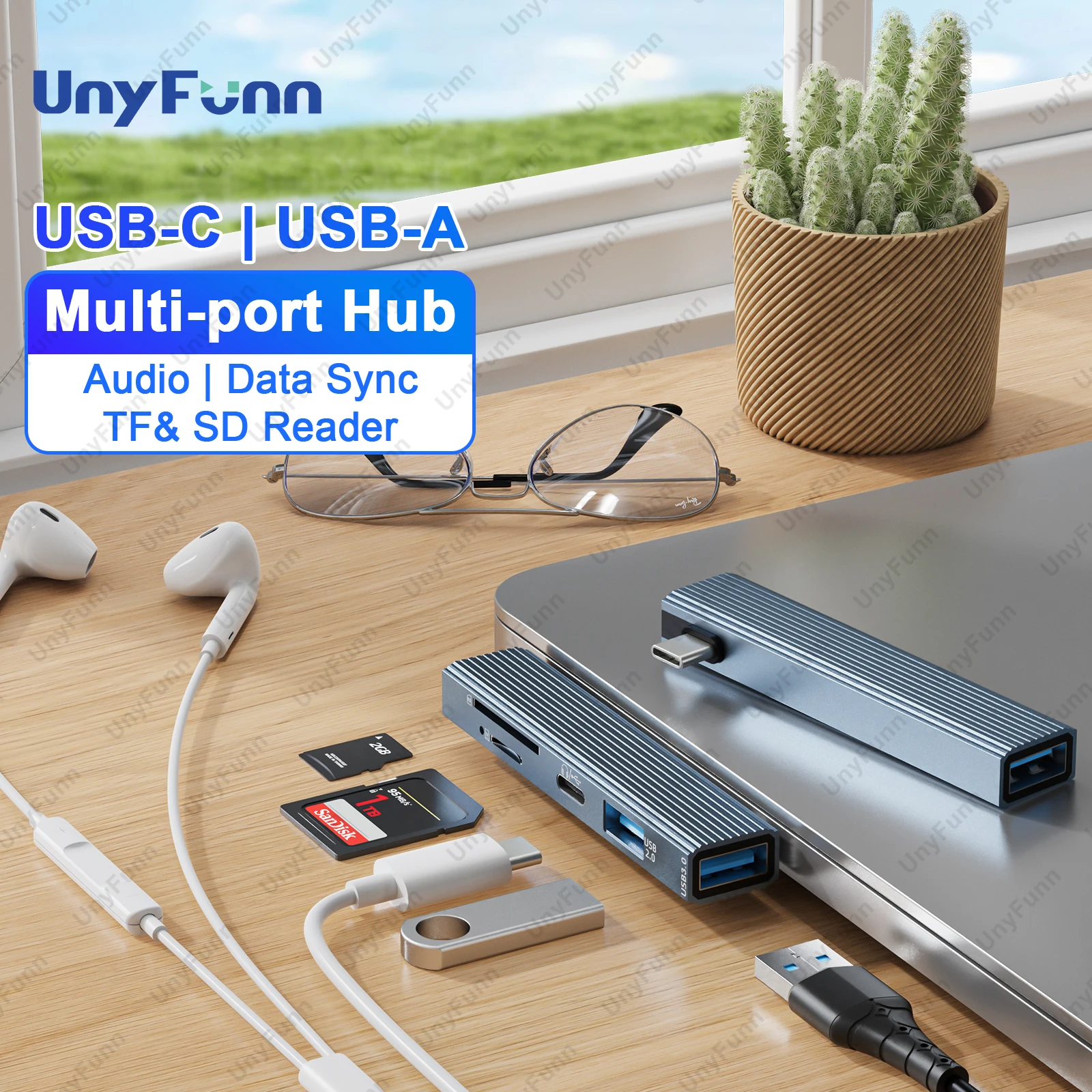 Фото USB-концентратор 5 в 1 с устройством чтения карт памяти TF SD TYPE-C, аудиопорт для синхронизации данных для ноутбука Macbook, адаптер USB C памяти OTG для iPad и ПК №1