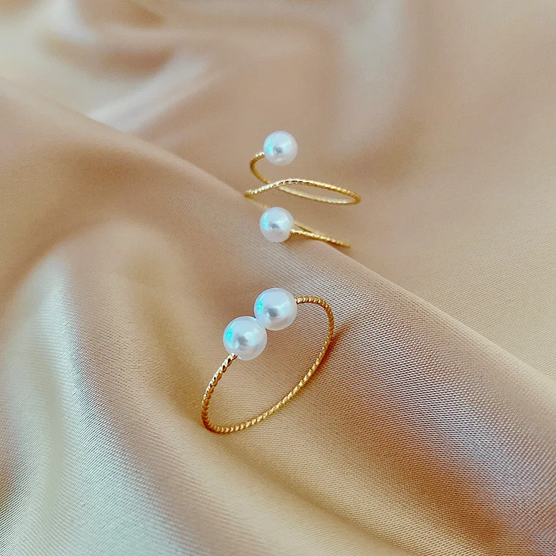 

Fashion Women's Size Pearl Rhinestone Open Ring Temperament Ring Double Simulated Pearl Ring Jewelry Lover Gift