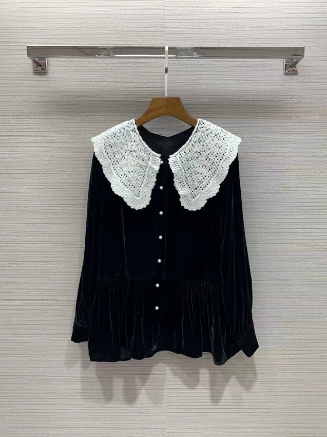 

Новинка 2022, женская модная пикантная Повседневная рубашка с длинным рукавом и кукольным воротником, черно-белая подходящая по цвету прямая ...