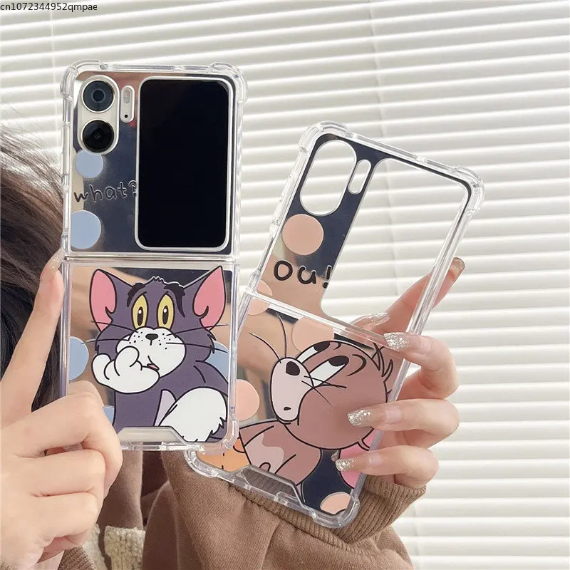 

Luxury Cartoon Toms and Jerries Mirror Film Phone Case for OPPO Find N2 Flip 5G PC Hard Couple Anti-drop Back Cover Coque Gift