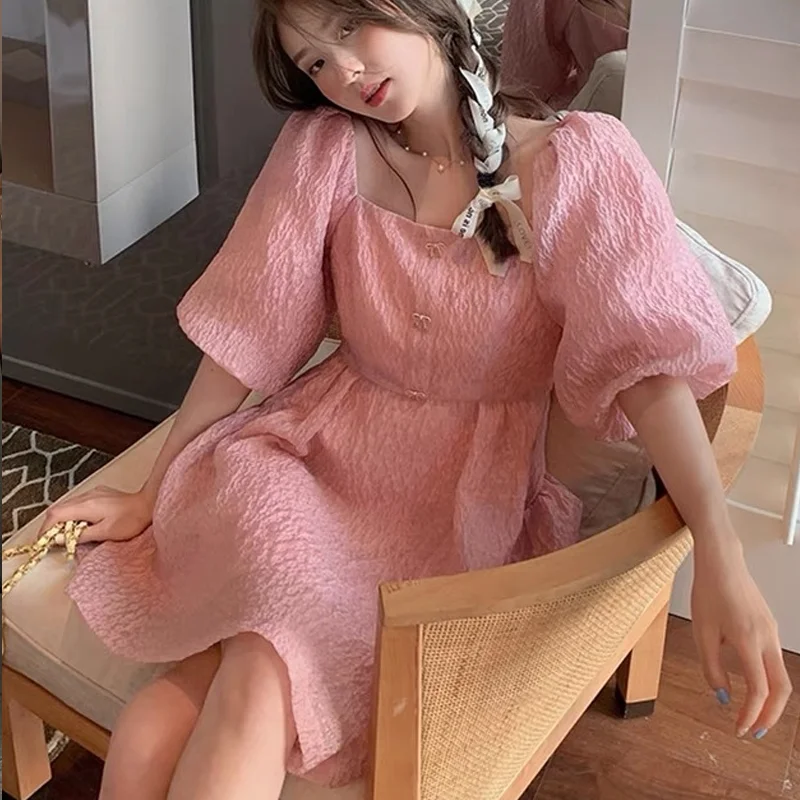 

Short Sleeve Summer Mini Dress French Chic Pleated Dresses for Women Pink Sexy Party Dress Outfits Bodycon Dress Women 24510