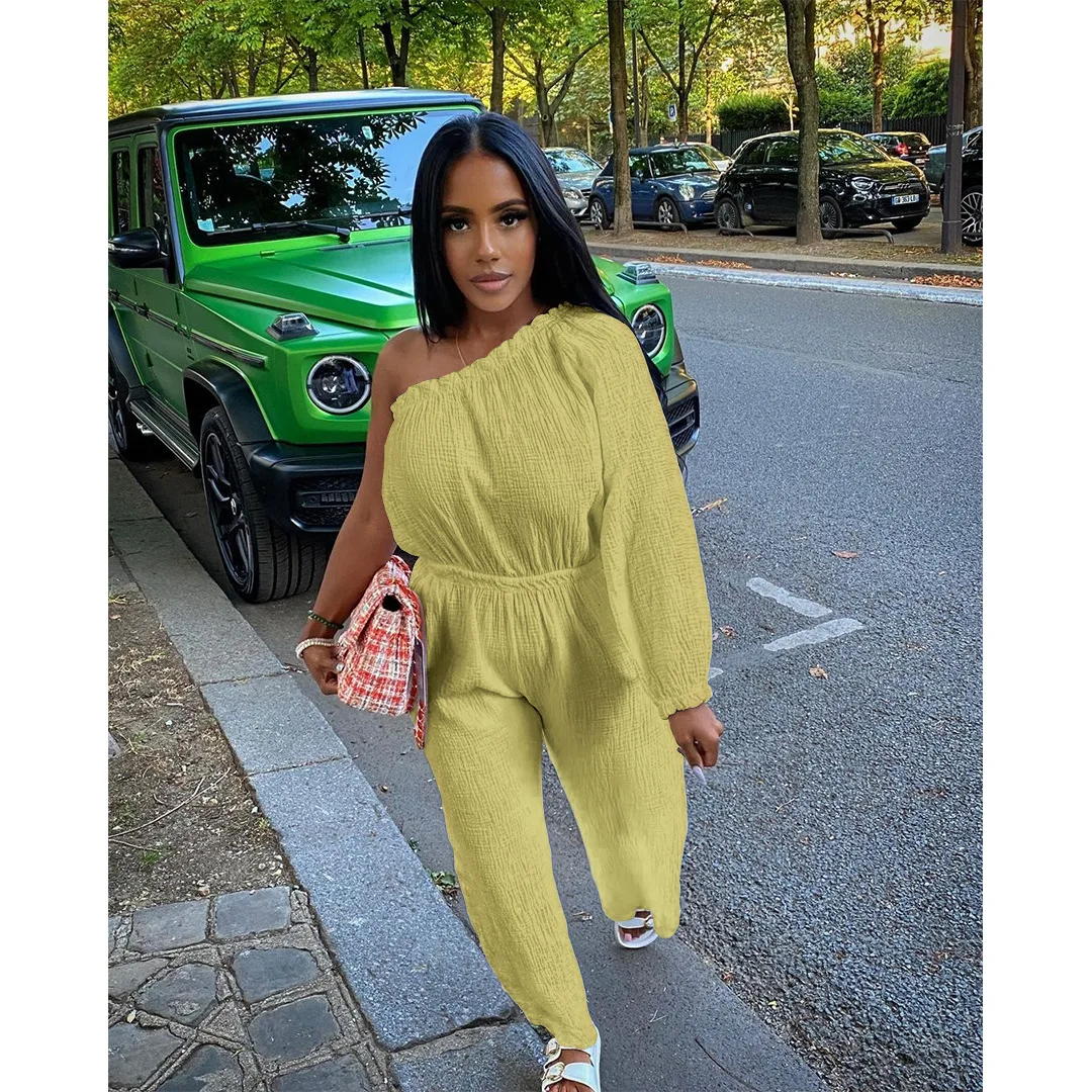 Elegant Women One Shoulder Pocket Jumpsuits White Long Sleeve Casual One Piece Set Outfit Bodycon Office Lady Party Playsuit