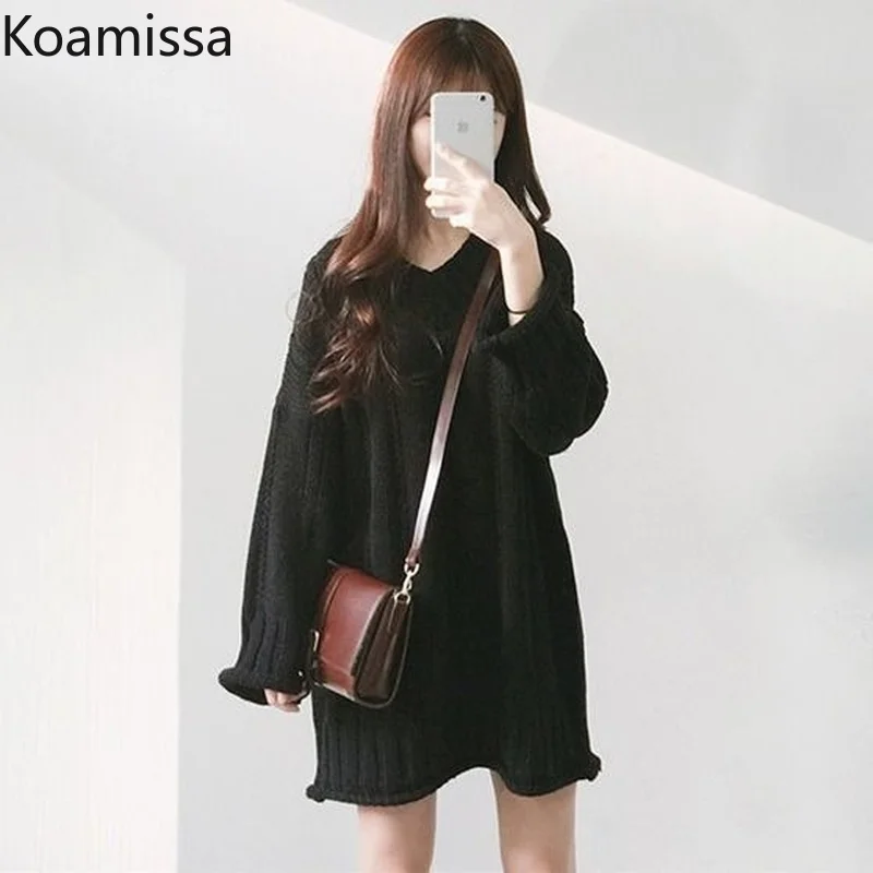 Koamissa Casual Loose Women Sweater Dress Long Sleeves V Neck Fashion Lady Chic Dresses 2022 New Mini Short Straight Vestidos