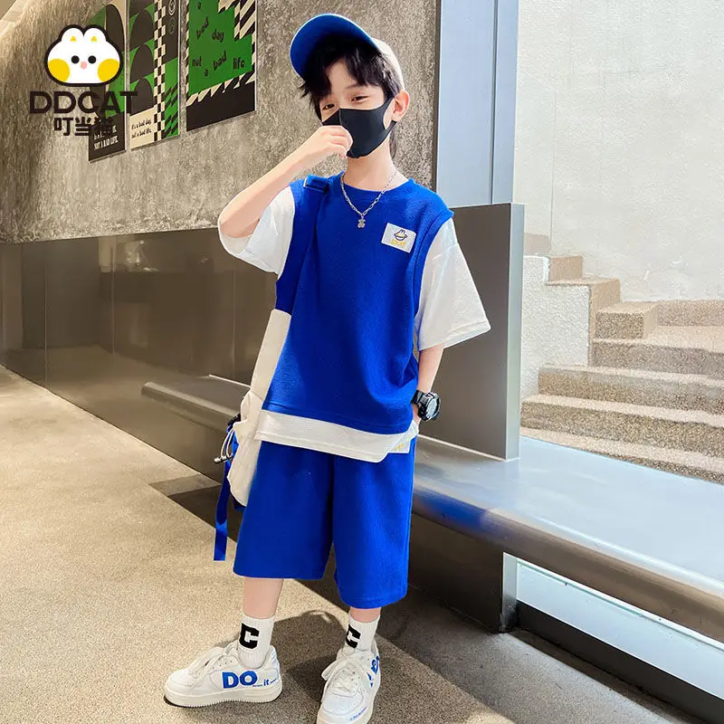 Pokonyan 2022 Kids Boys Suit New Fried Street Two-Piece Summer Fake Two Pieces Short Sleeve Pants
