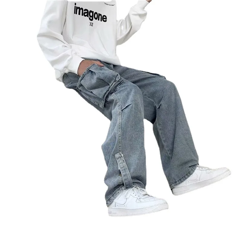 Large Pocket Work Clothes Jeans Harajuku Style Falling Work Clothes Jeans Men's Straight Tube Loose Casual Pants