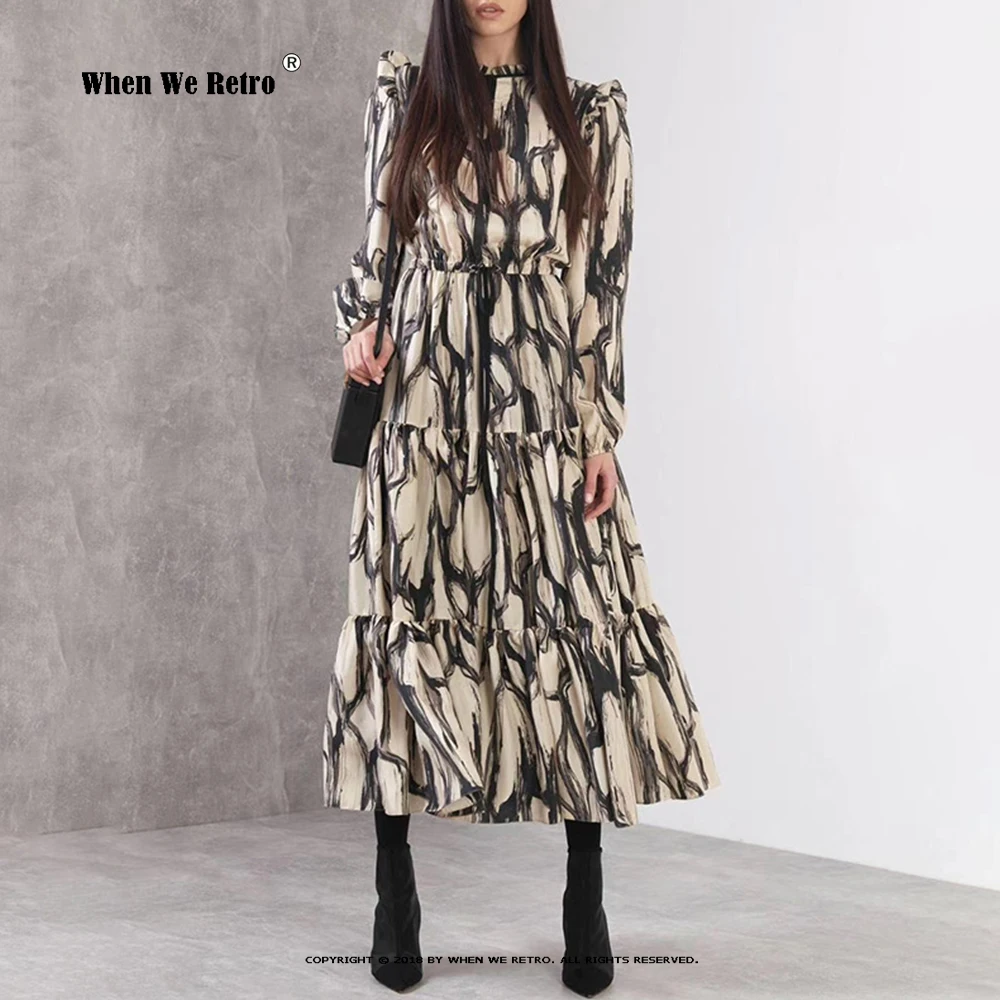 

Платье женское Винтажное с круглым вырезом, длинным рукавом и высокой талией