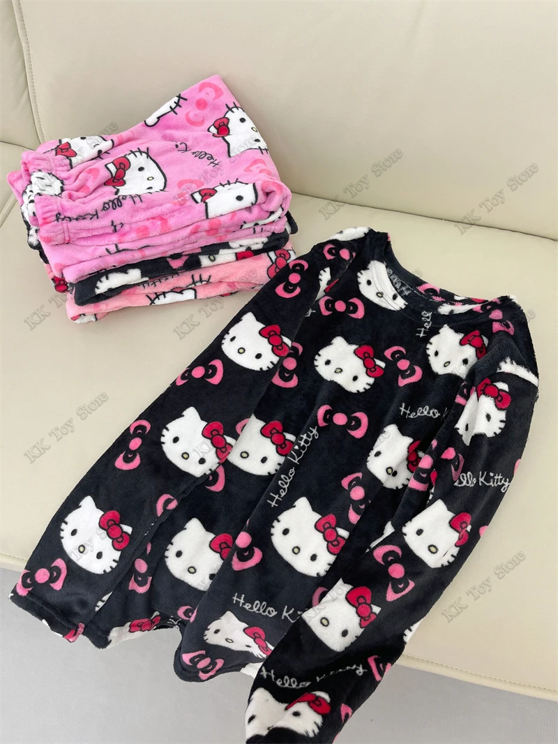 Фланелевой пижамный комплект Hello Kitty Kawaii теплые шерстяные повседневные домашние
