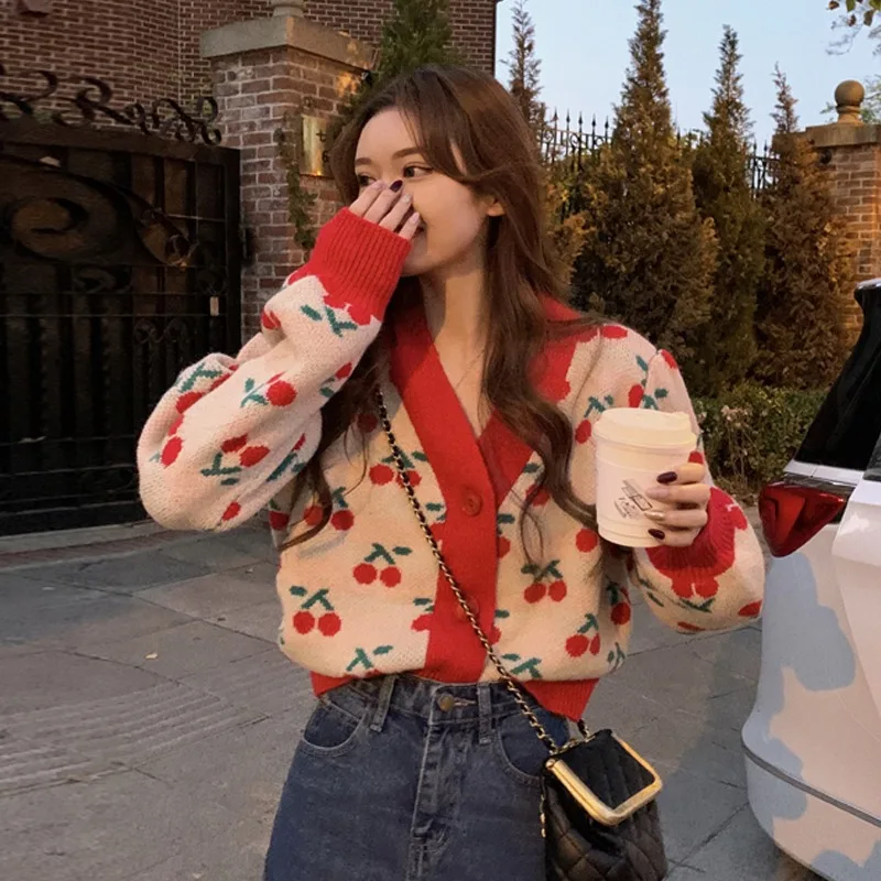 

DAYIFUN Cherry Jacquard Sweater Jackets Short V-neck Knitted Cardigan Women Spring Autumn Korean Loose Vintage Knit Sweaters Top