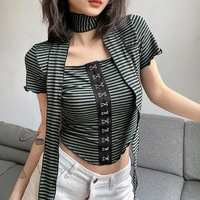 striped vintage short sleeved crop tops skinny casual fashion womens summer round neck t shirts harajuku streetwear sexy tee