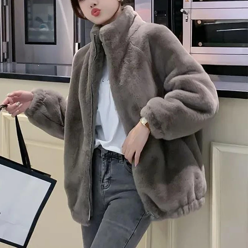 Autumn Winter Stand Collar Faux Fur Casual Fashion Zipper Coat Lady Plus Velvet Thick Warm Cardigan Top Women Loose Wild Outwear