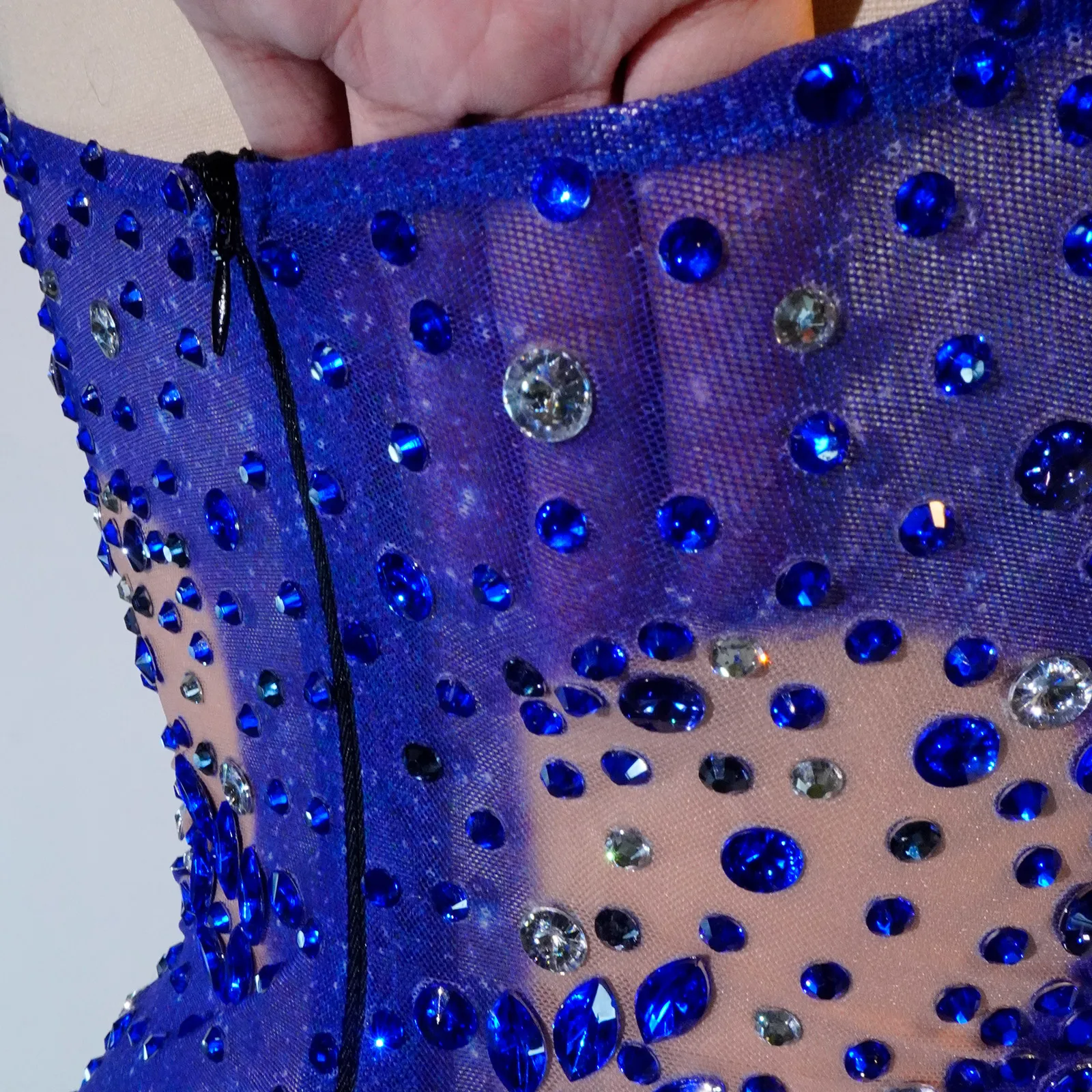 Sexy See-through Mesh Blue Rhinestone Bodysuit Adult Women Bar Stage Dance Performance Leotard Birthday Party Drag Queen Costume