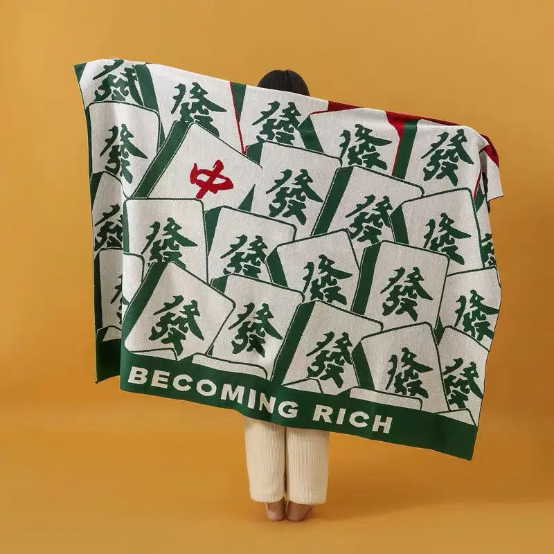 

Chinese Becoming Rich Merry Fa Cai Majiang Knitted Blanket Bohemian Plaid Throw Blanket Sofa Leisure Bed Cover Bedspread