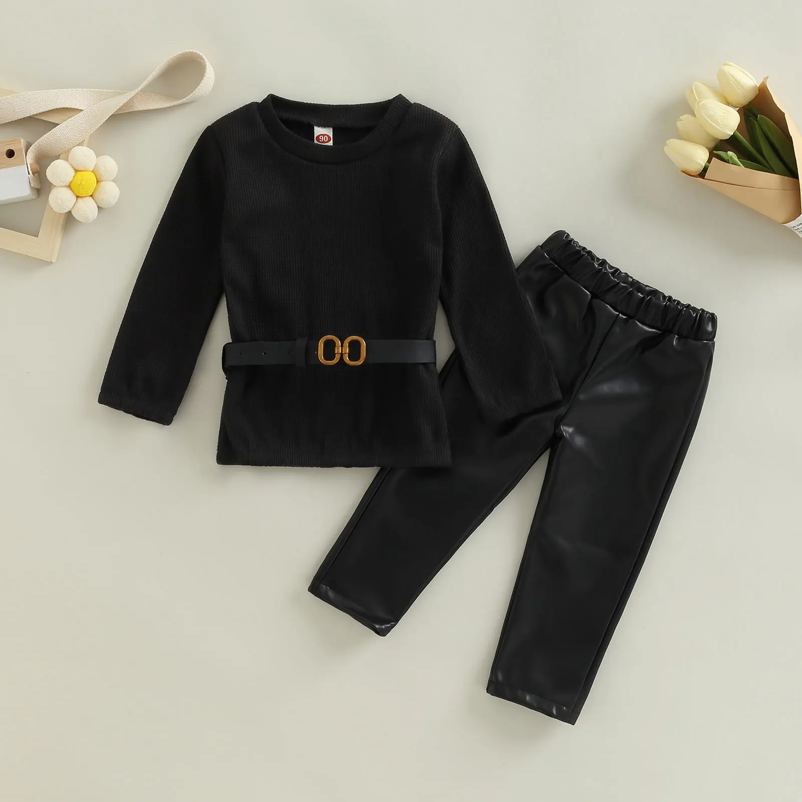 

TR New Autumn Kid Girls Fall Outfits Long Sleeve Belted Knit Tops + PU Leather Pants Fall Clothes Set