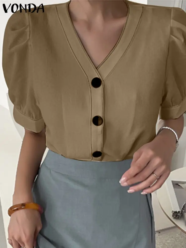 

Элегантная блузка VONDA для женщин, летние рубашки с V-образным вырезом 2023, модные блузы большого размера с пышными рукавами, уличная одежда, Повседневная Туника для женщин