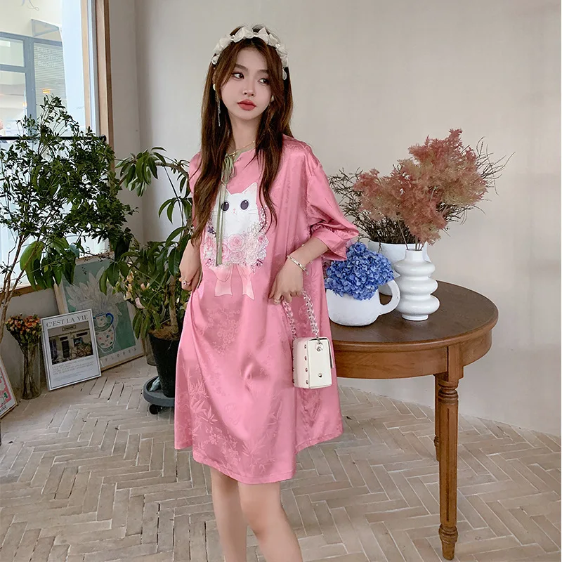 New Chinese Style Satin Nightdress Summer Ice Silk Thin Pajamas Women's National Style Home Clothes Nighty for Ladies