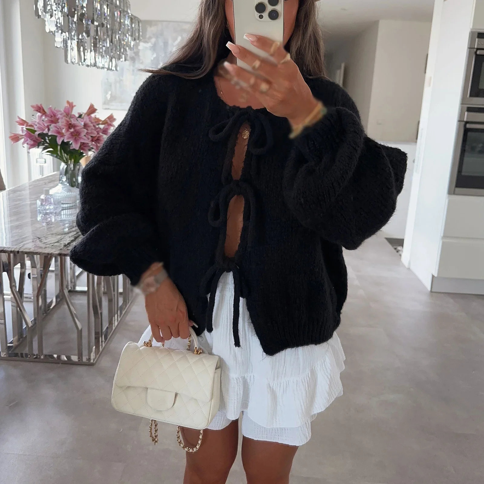 Женский трикотажный кардиган с круглым вырезом и длинным рукавом