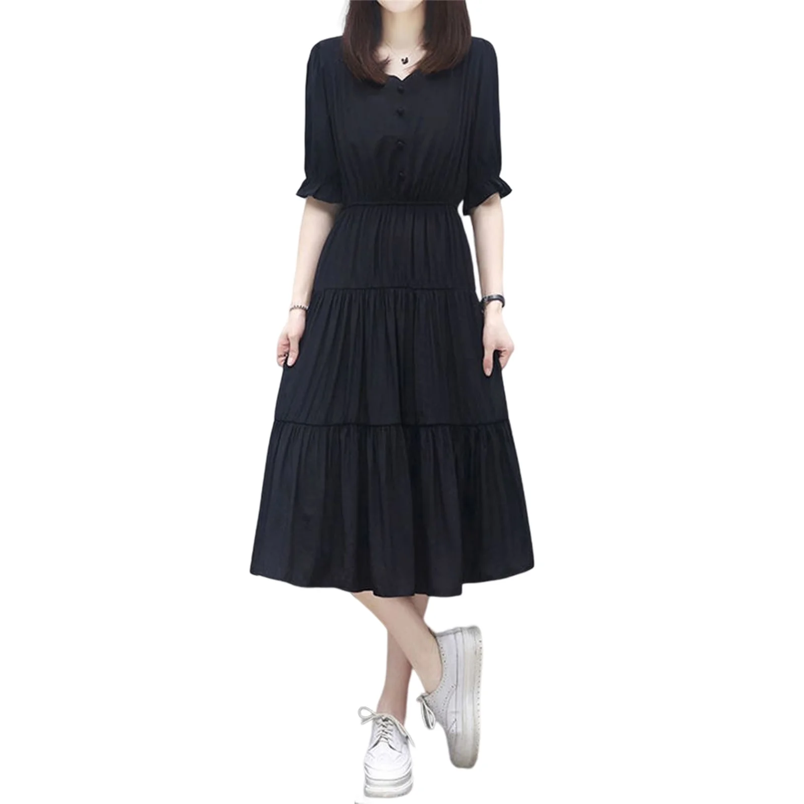 

Летние платья для женщин, Повседневное платье средней длины с рукавом, V-образным вырезом и высокой талией для дома