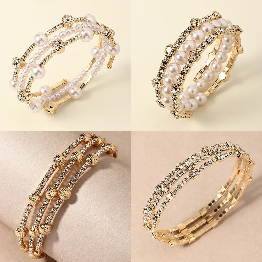

KunJoe 2022 Trendy Memory Open Loops Bracelets Multilayer Rhinestone Jewelry Pearl Beads Bangles Adjustable for Women Girls Gift