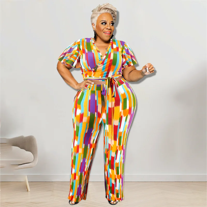 Summer Plus Size Two-piece New Short-sleeved Plaid Print Sexy V-neck Tie Ruffle Top With High-waisted Straight-leg Pants Trouser