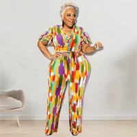 summer plus size two piece new short sleeved plaid print sexy v neck tie ruffle top with high waisted straight leg pants trouser