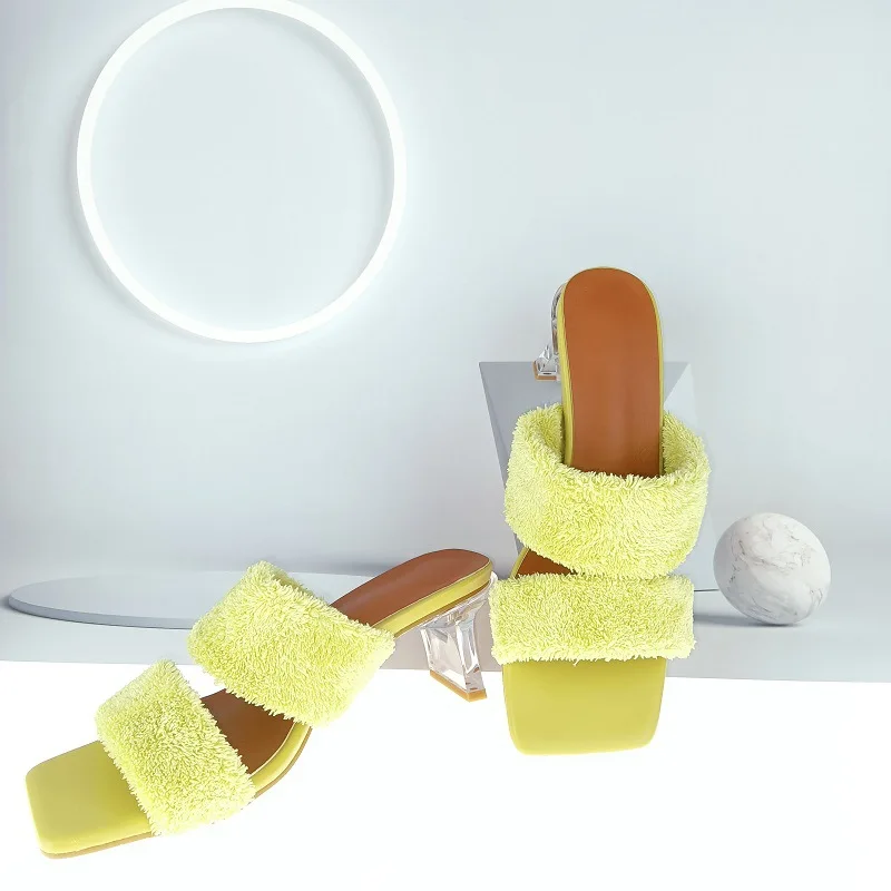 Fashion Slides Woman Shoes Sandals Slippers Crystal Heel Mid Heel Sandals Summer Soft Plush Comfortable Women's Slippers Slip On