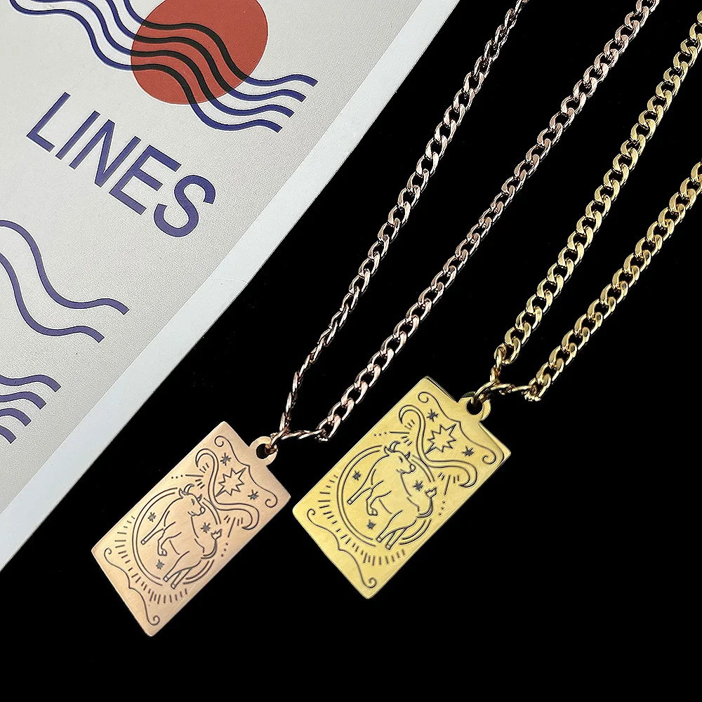 

Модное ожерелье с созвездиями Телец для мужчин из нержавеющей стали Золотая Серебряная кубинская цепочка квадратный чокер с Таро карточко...