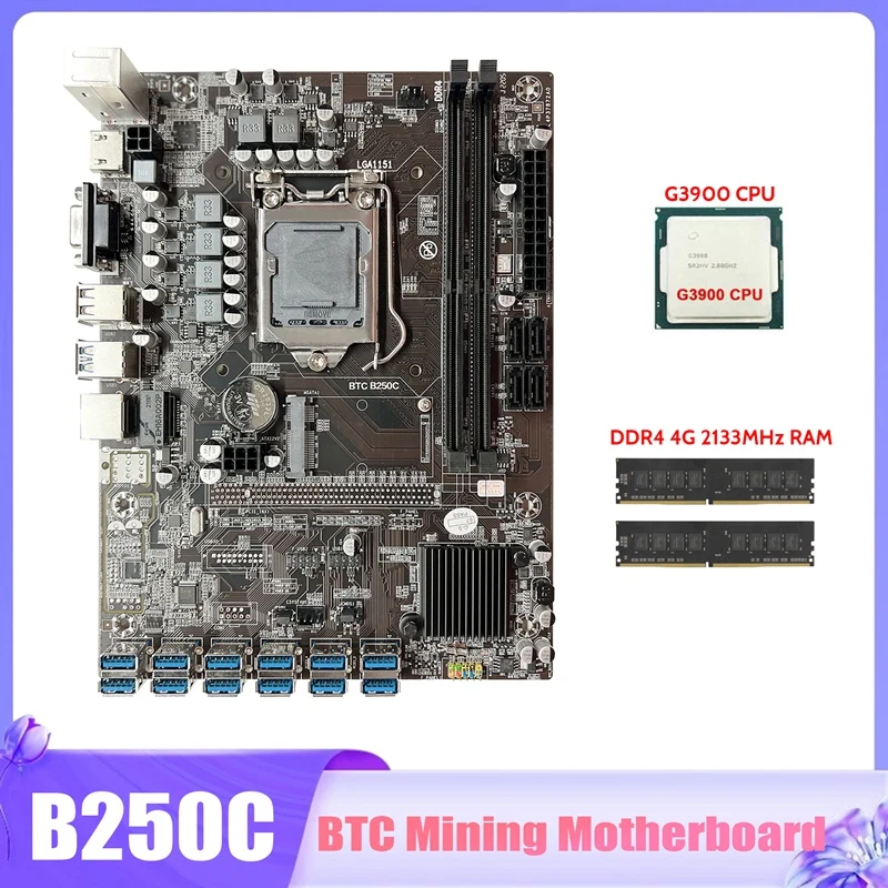 B250C BTC Mining Motherboard With G3900 CPU+2XDDR4 4G 2133Mhz RAM 12X PCIE To USB3.0 GPU Slot LGA1151 Miner Motherboard