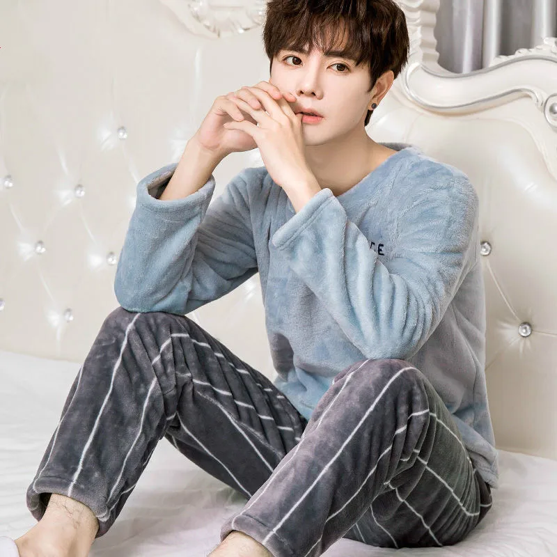 Winter Warm Flannel Pajamas Sets Male Men Nightwear Plus Size Sleepwear Long Pant Winter Warm Pijamas Trouser Suits