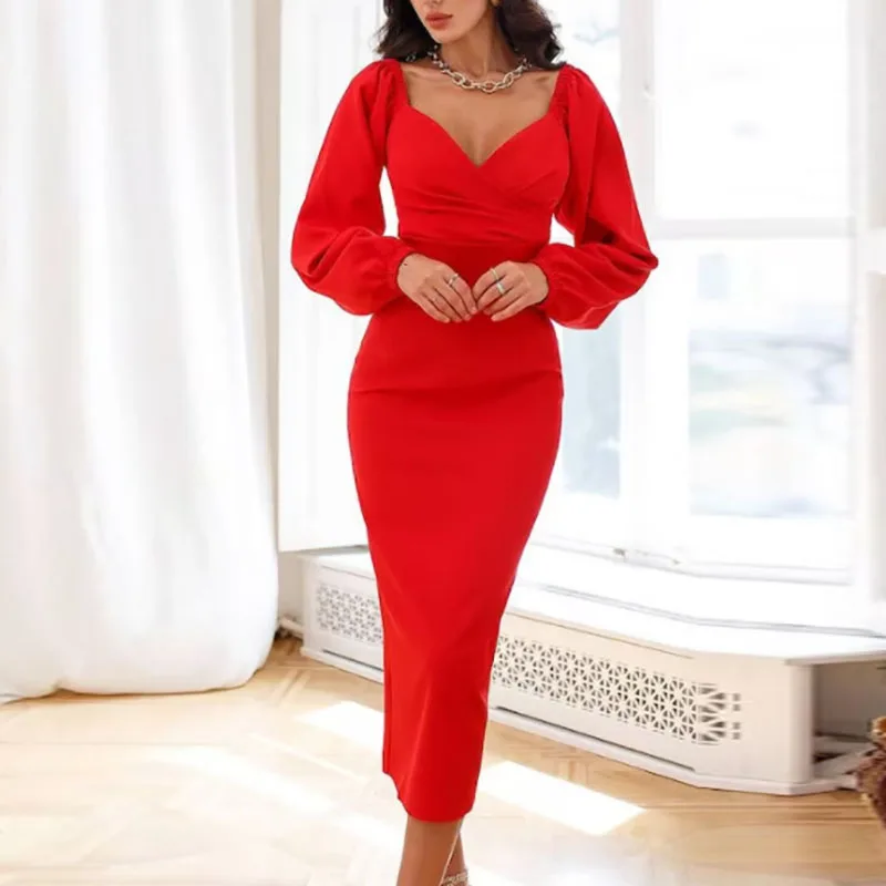 

Elegant V-Neck Temperament Draped Long Dress Autumn Spring Solid Color Commute Dress Long Sleeve Boodycon Hip Wrap Banquet Dress