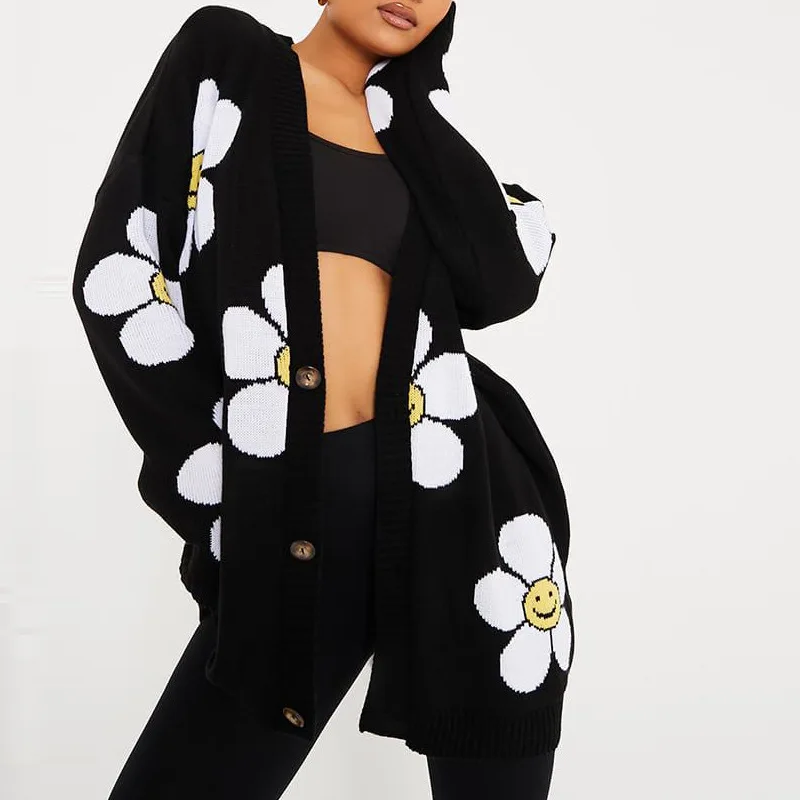 Casual V-Neck Leopard Print Cardigan Fashion Women's Oversized Y2K Jackets Vintage Thick Warm Knitted Long Sleeve Sweater 2022