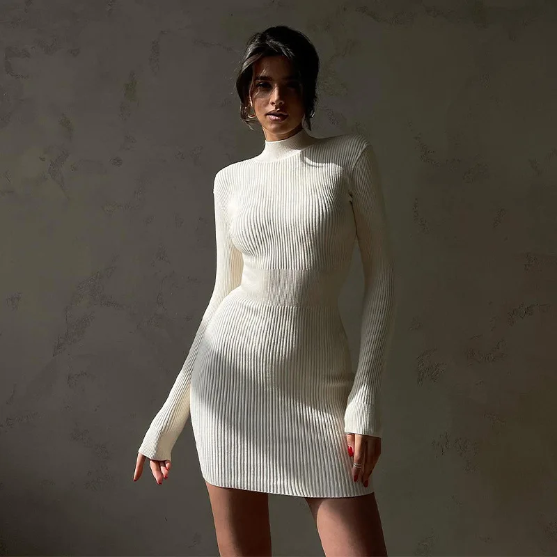 

Winter Knit Ribbed Pencil Elegant dresses for women Long Sleeve High Neck Wrapped Bodycon Dresses vestidos
