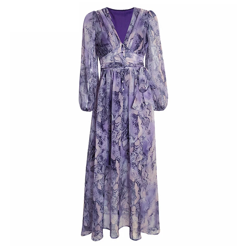 

Женское шифоновое платье средней длины, элегантное свободное пляжное платье с принтом фиолетового дракона и длинным рукавом, с V-образным в...