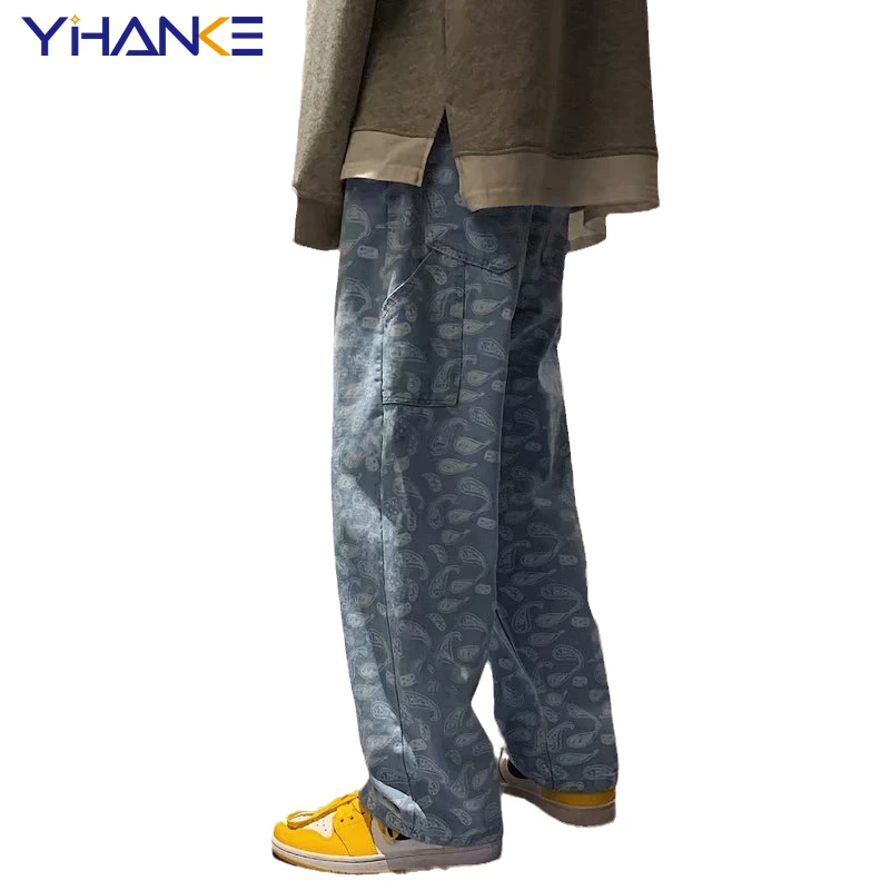 YIHANKE Cashew Flower Black Jeans Men Straight Tube Loose Spring and Autumn Summer Korean Fashion Men Baggy Pants Denim Trousers