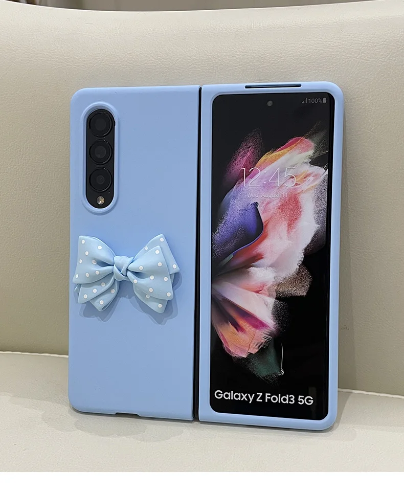 

For Samsung Galaxy Z Fold 5 4 2 3 Fold5 Fold3 5G Fashion Cute Polka Dots Bowknot All Blue Skin Back Phone Case Cover