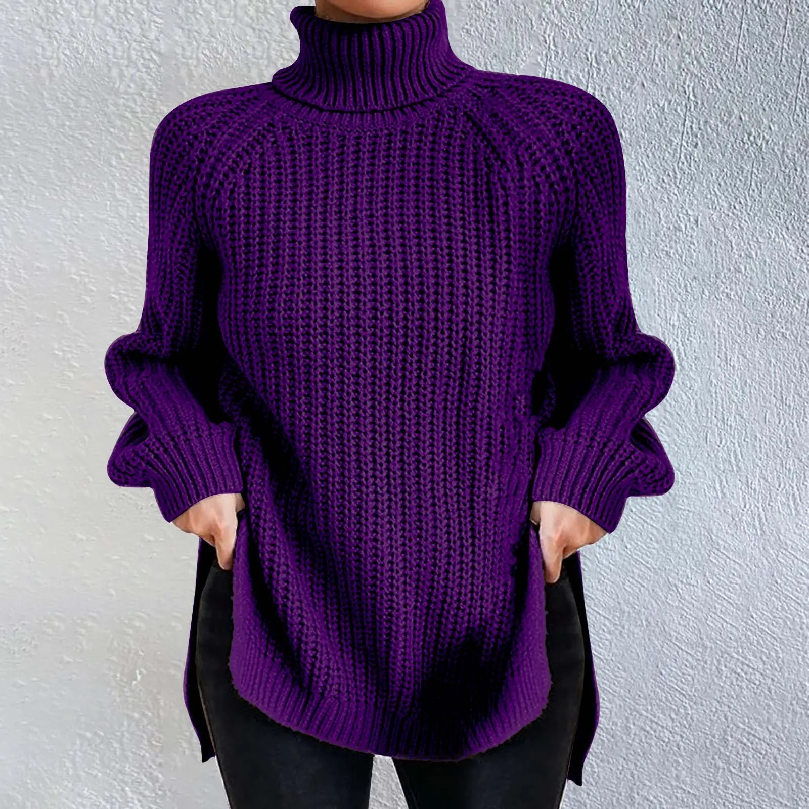 Модный однотонный пуловер с высоким воротом женский свободный крой повседневный