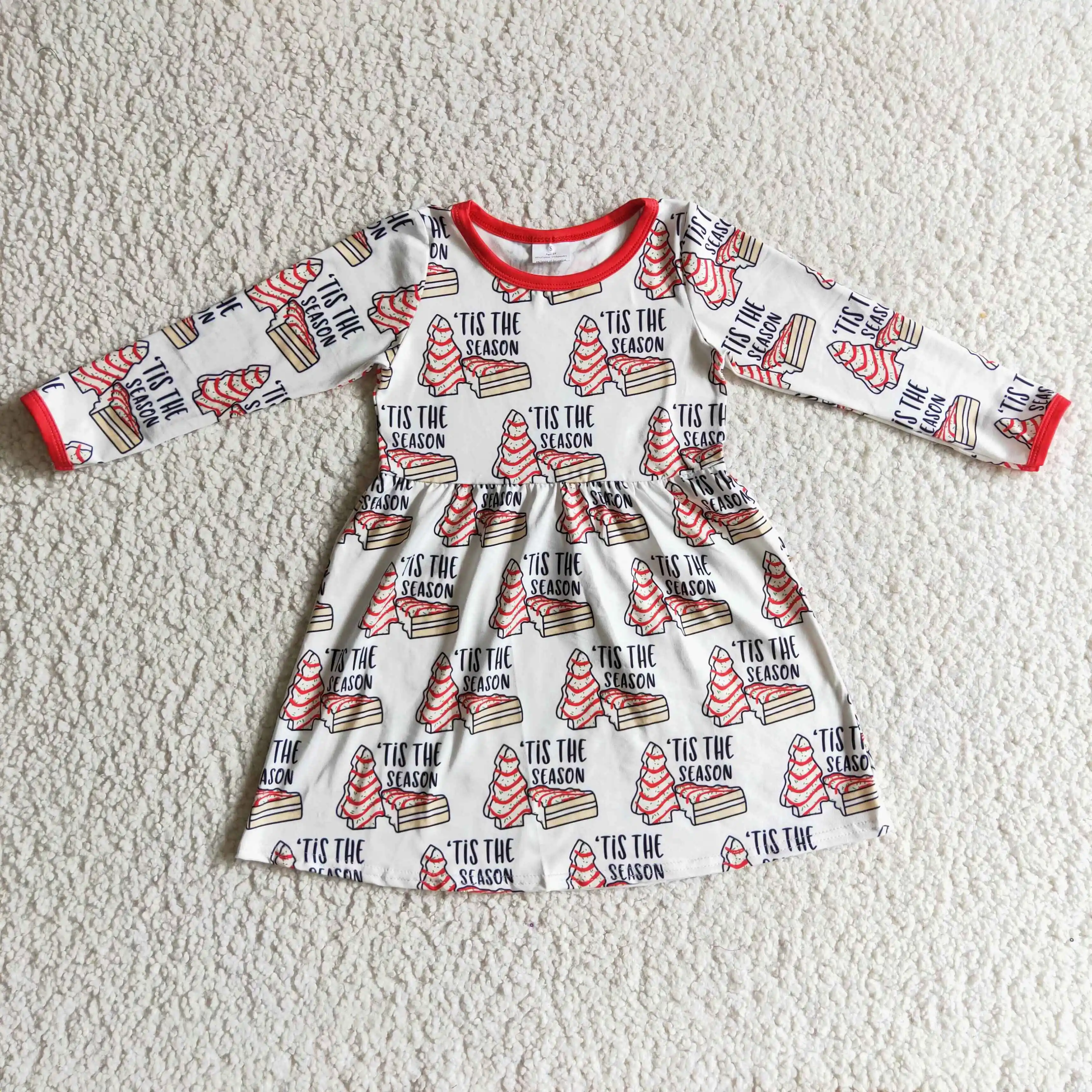 

GLD0110 girl christmas tree cookies print and letter design long sleeve frock