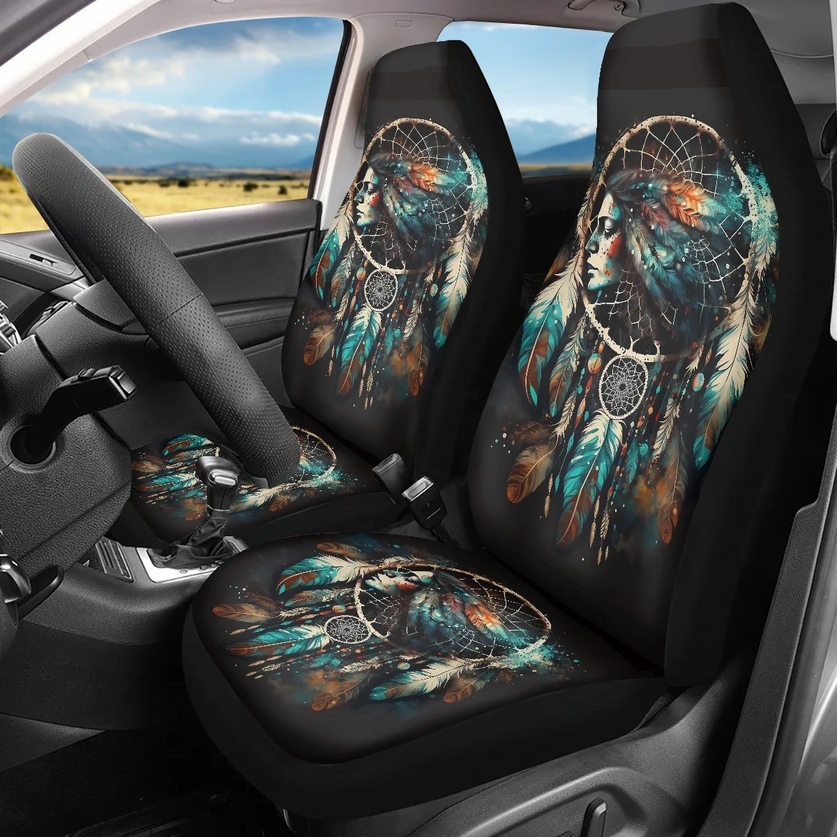 INSTANTARTS Aztec Ethnic Indian Dreamcatcher Print Car Seat Covers Set of 2 Anti-Slip Vehicle Seat Cushion Auto Seat Protector