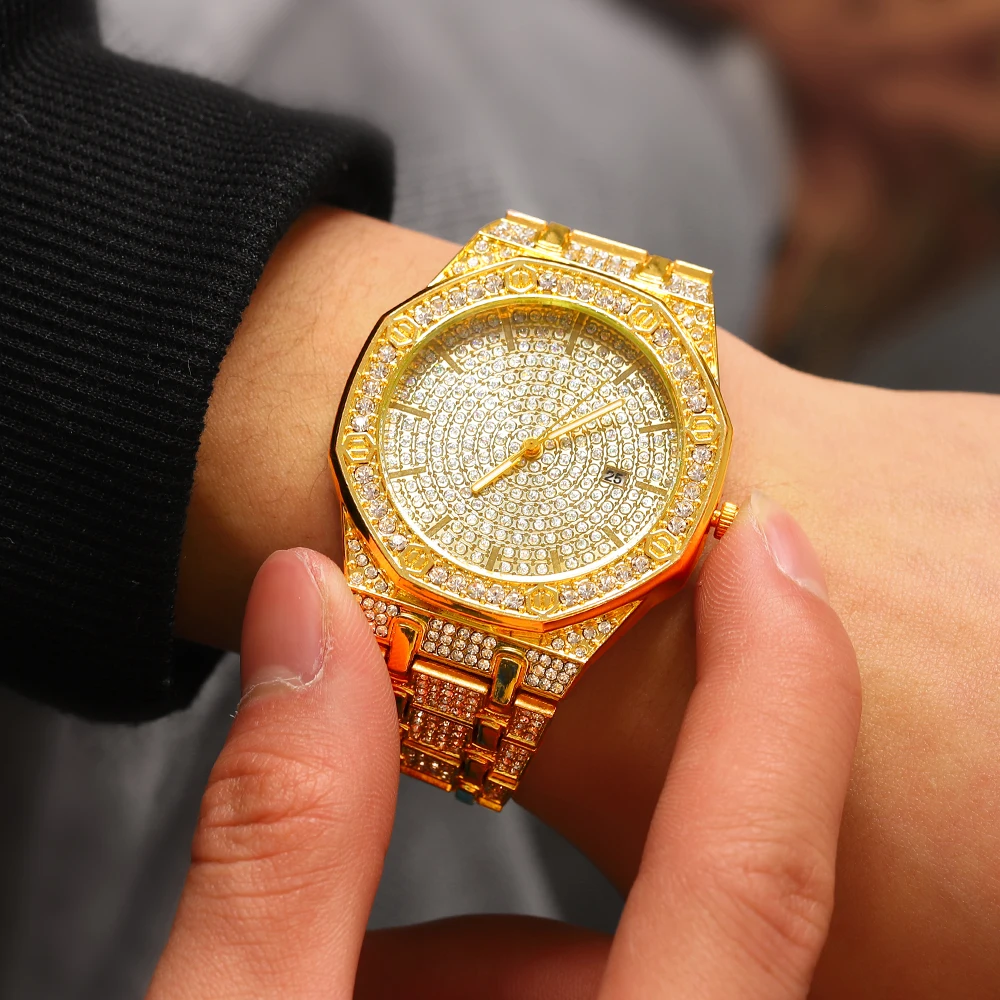 Hip Hop Мужская цепь Майами кубинская инкрустированная стразами CZ блестящая золотая ожерелье + часы + браслет ювелирные изделия для на.