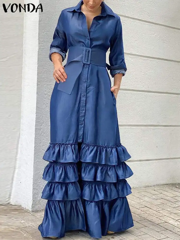 

VONDA Women Ruffled Shirt Dress 2022 Summer Casual Belted Maxi Dresses Long Sleeve Solid Bohemian Lapel Button up Party Sundress