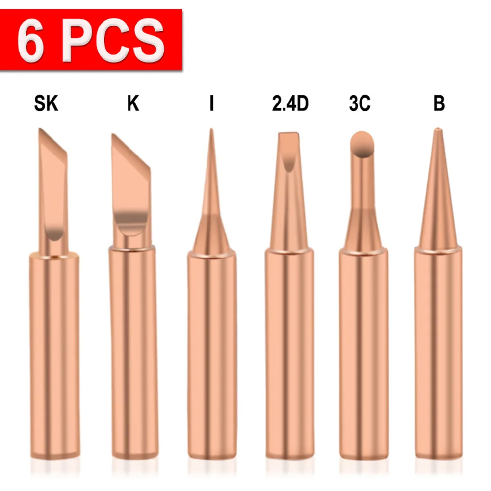 

6 Pcs/Lot Set 900M-T Copper Soldering Tip Lead-free Solder Iron Welding Tips For 936 937 938 969 8586 852D Soldering Stations