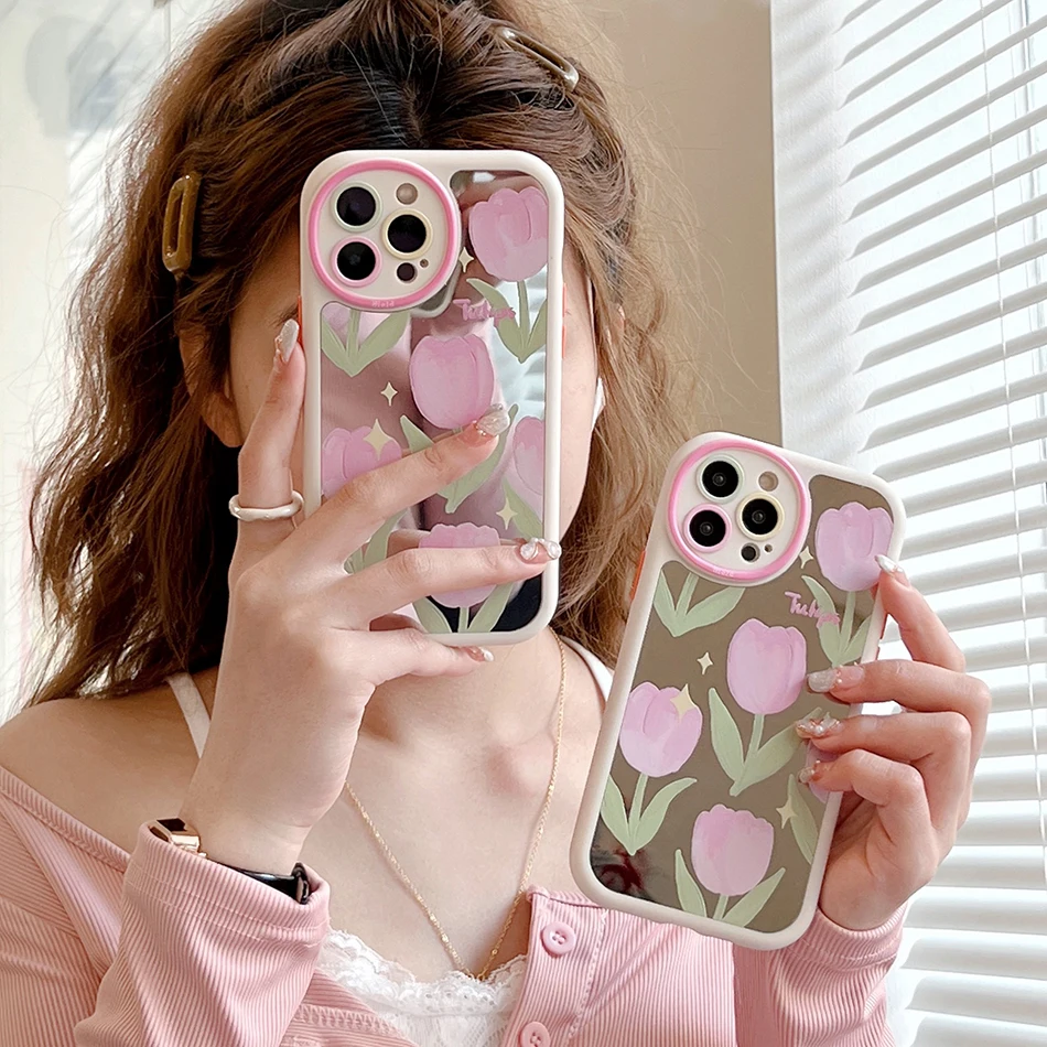 

For iPhone 14 Pro Case Full Screen Graffiti Pink Tulip Round Hole Mirror Case For iPhone 13 12 11 Pro Max Shockproof Soft Cover