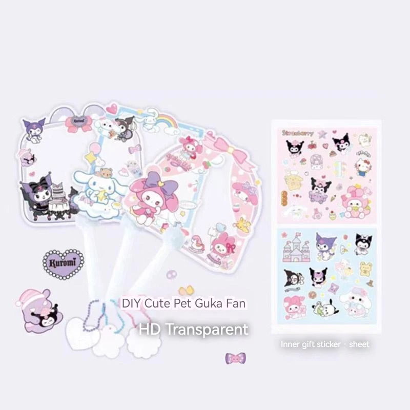 

24pcs New Sanrio Sticker Transparent Fan Hellokitty My Melody Cartoon Diy Manual Self-control Kawaii Handheld Fan Children Gift