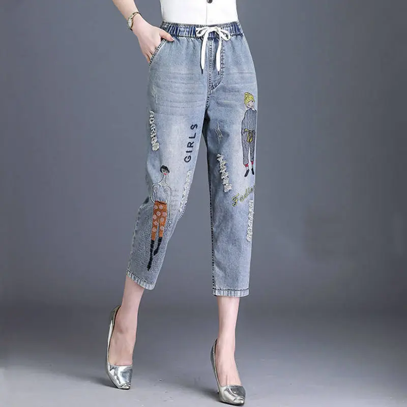

2022 New Woman Ripped Jeans Trousers Female Stretch Cartoon Pants Legging Jeans Ladies Thin Straight-leg Denim Trouser Pants G18