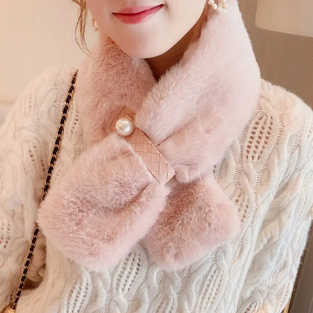 

Korean Solid Color Pearl Leather Rex Rabbit Fur Collar Cross Plush Scarf Woman's Winter Knit Double Sided Thicken Warm Shawl