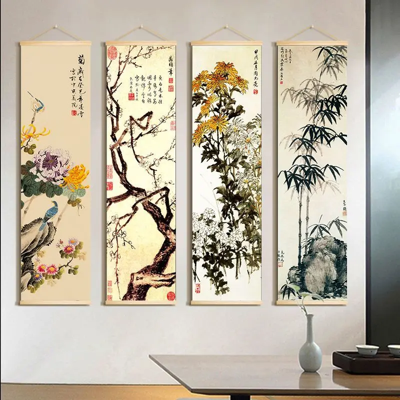 

Chinese Style Flower Scroll Wall Painting Vintage Living Room Decorative Poster Wall Art Home Office Decorative Posters Tapestry