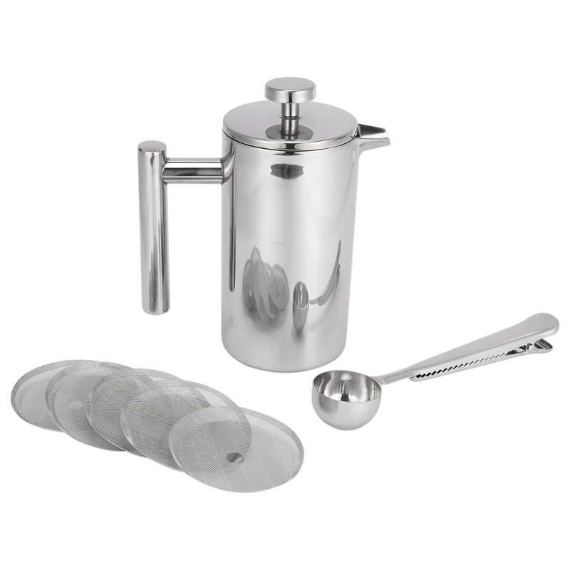 

350ML French Press,12Oz,Double Wall Stainless Steel Tea Cafetiere Kettle, With Coffee Measuring Spoon & 5 Filter Screens