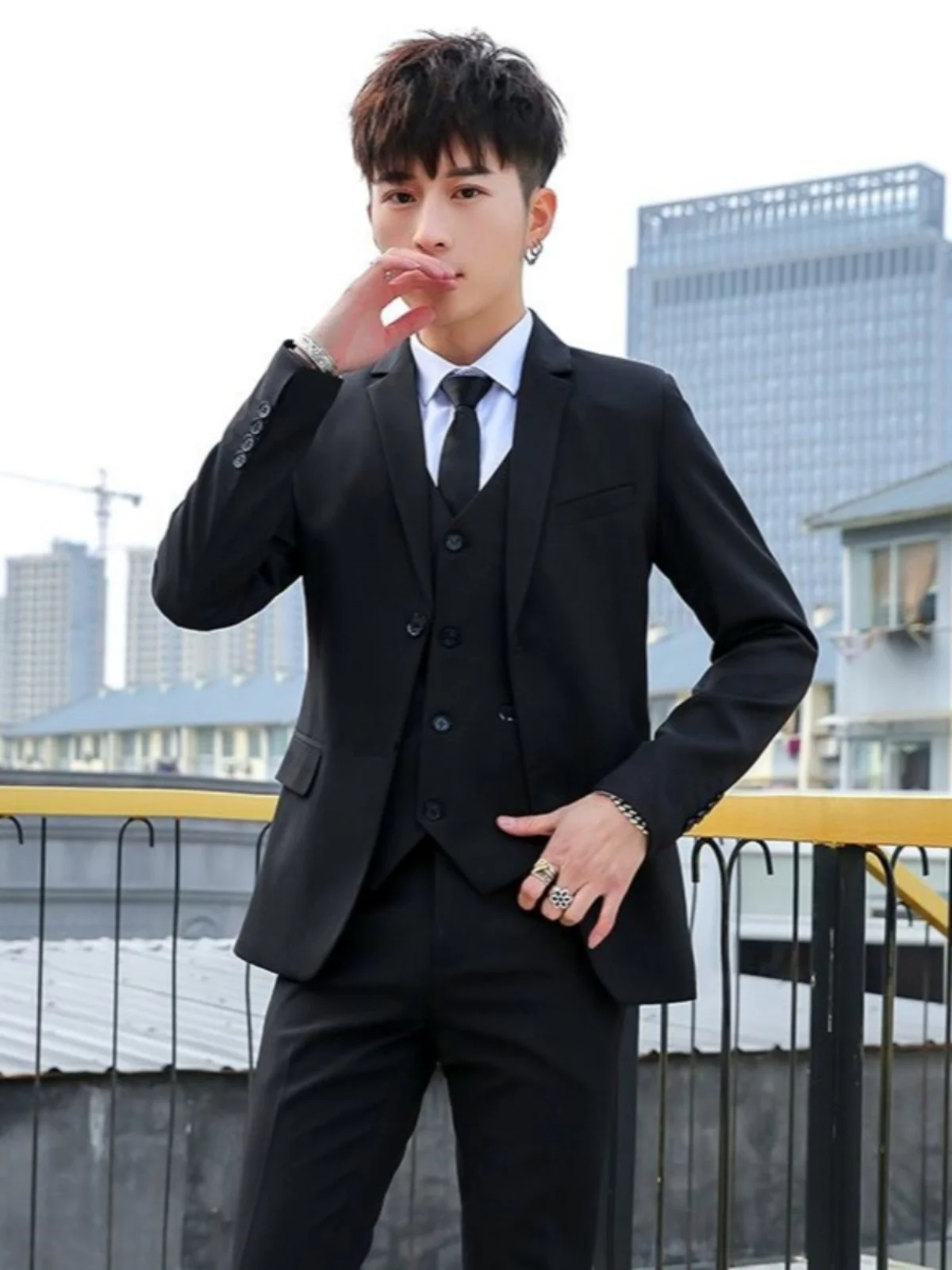 Solid Black Suit Men's Outerwear Autumn and Winter Fleece-lined Thickened Top Korean Sle Slim fit Business Casual Small Sui...