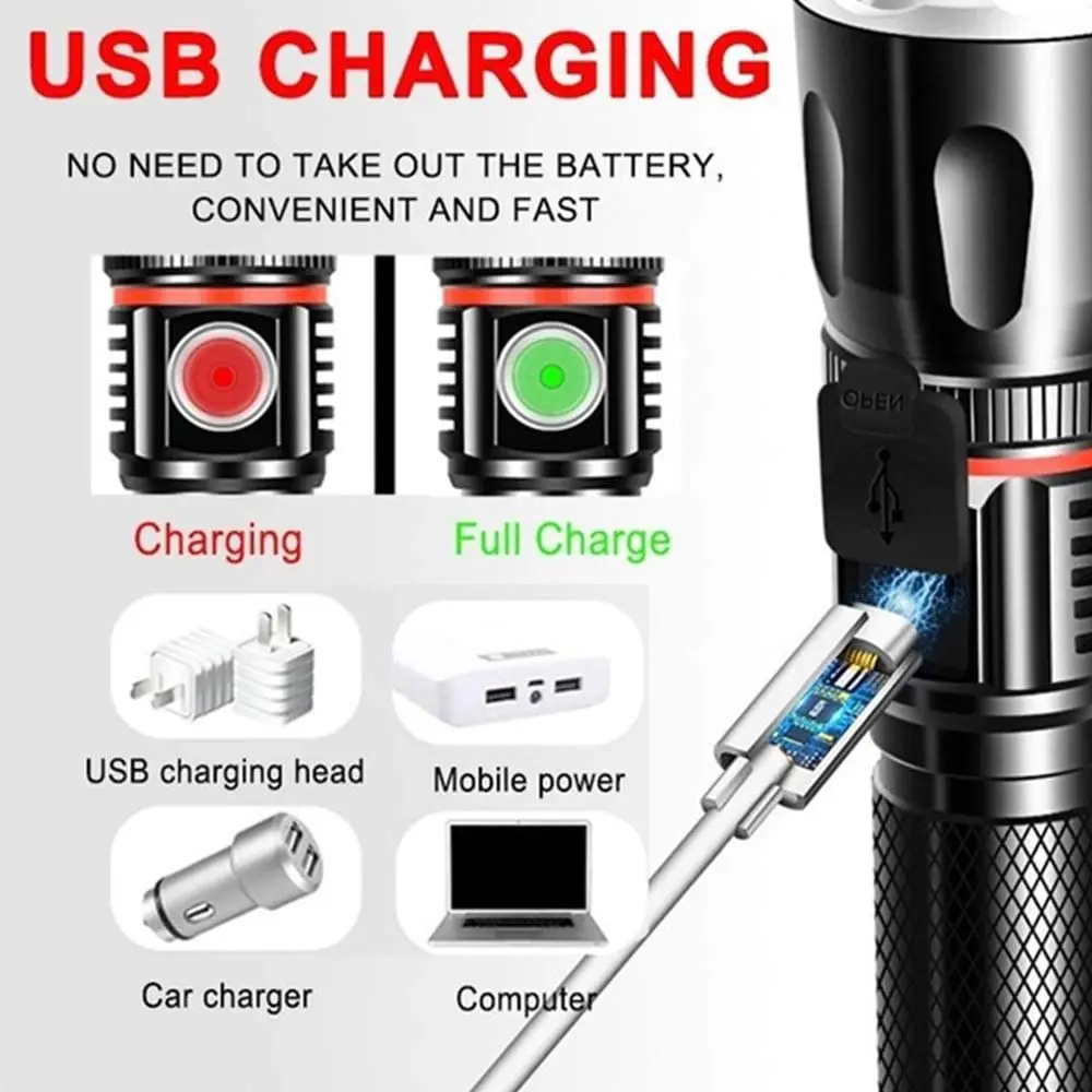 

Светодиодный фонарик с зарядкой от USB, тактический фонарь с 3 + 1 режимами освещения, портативный фонасветильник с ремешком, свет для веса