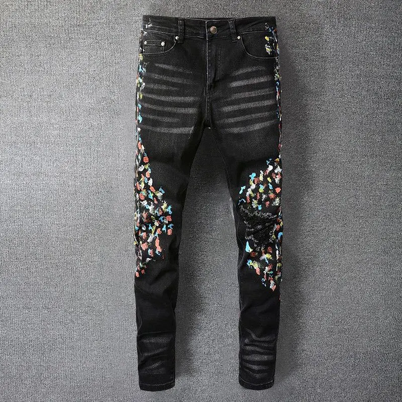 

2022 Color Splash Design Print Jean Hombre Motorcycle Pants Ripped Jean Noir Homme Zipper Jean For Men High Street Wash Water