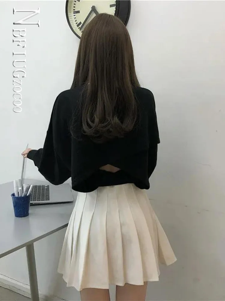 2022 New Autumn Korean Short Style Women Sweatshirt Bandage Long Sleeve Female Tops